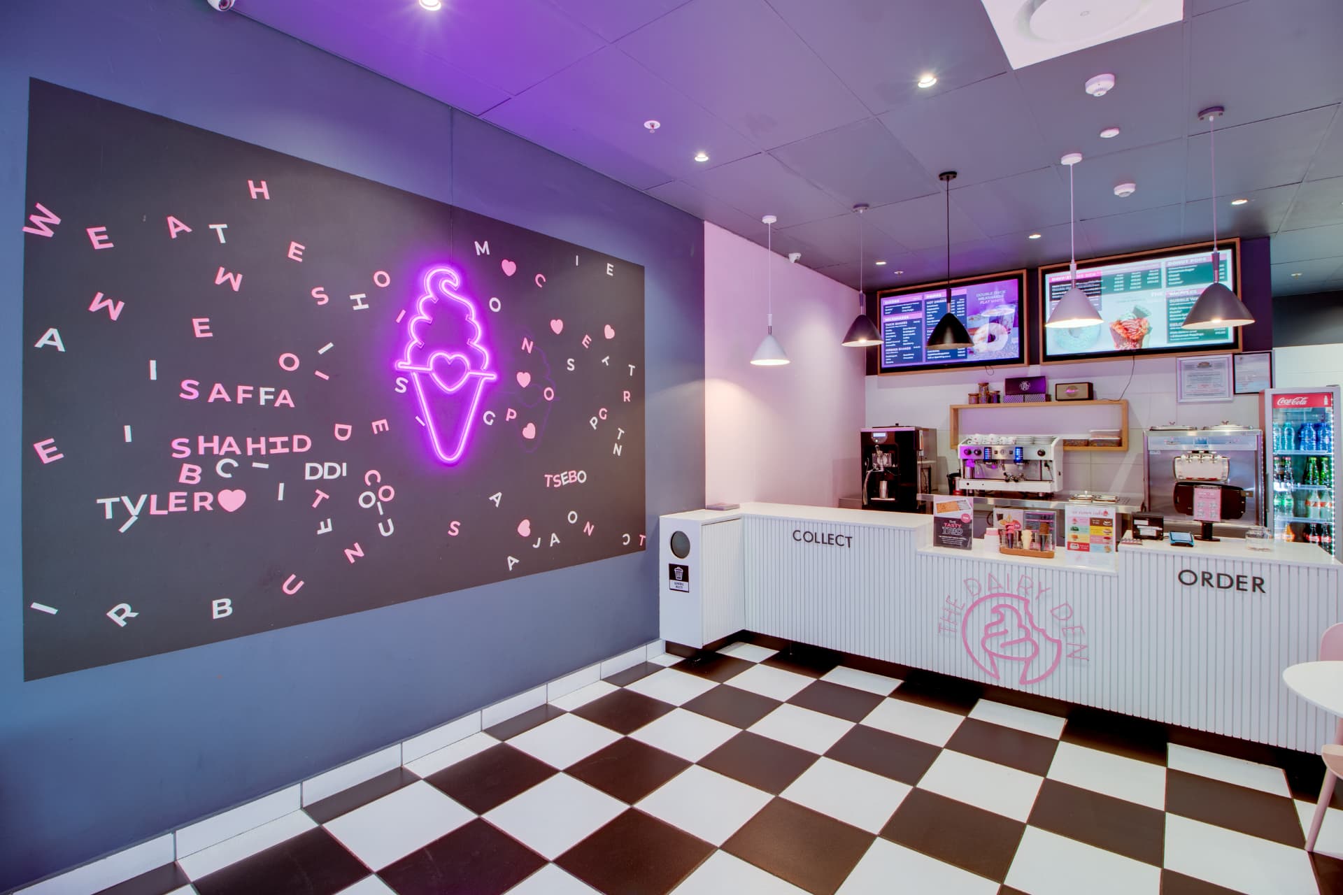The Dairy Den Sunvalley counter and neon sign at Sunvalley Mall