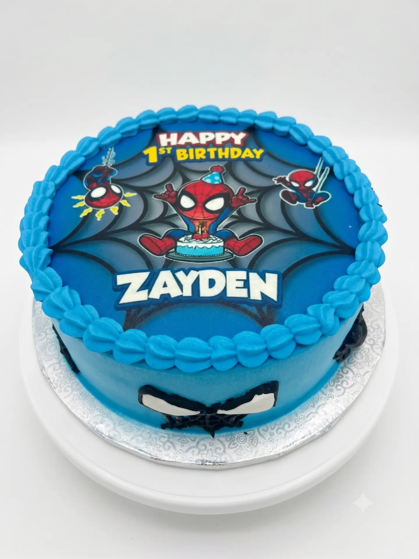 Custom Spiderman first birthday ice cream cake with edible print